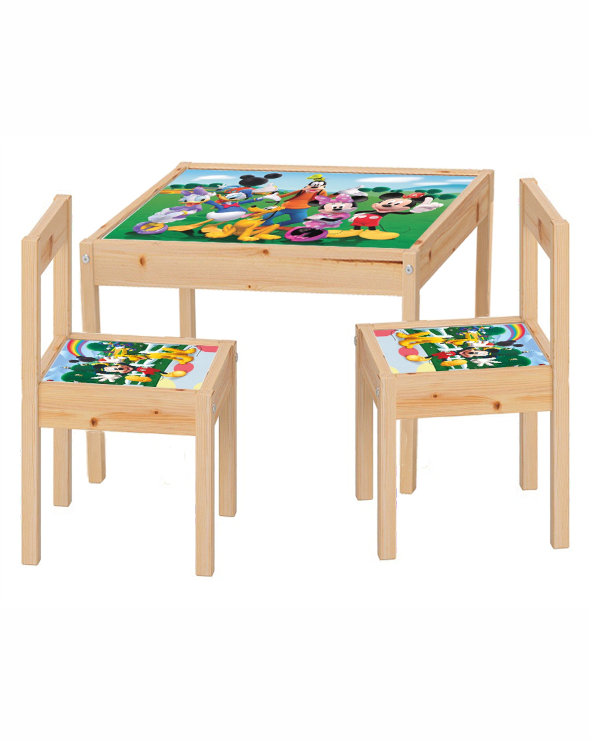 Set masuta cu 2 scaune pentru copii, lemn masiv pin, Club Mickey Mouse, 48x63x45 cm