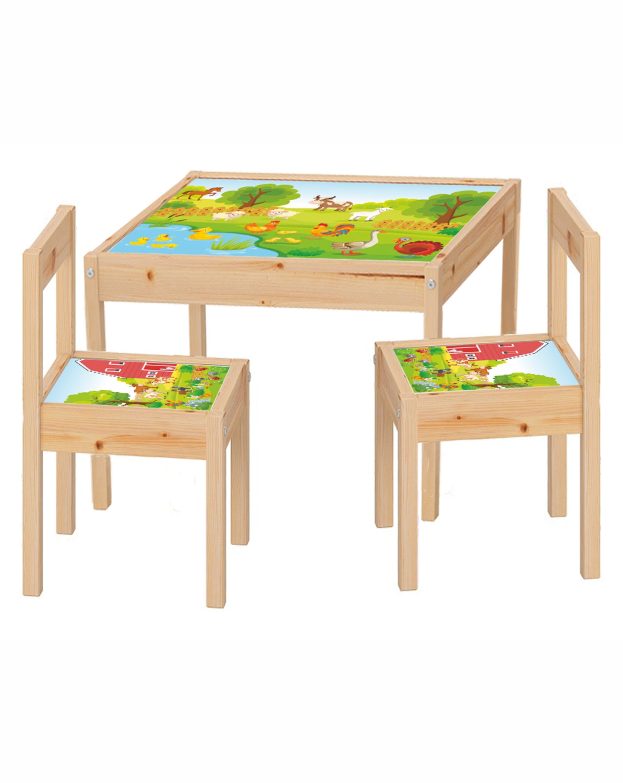 Set masuta cu 2 scaune pentru copii, lemn masiv pin, Ferma , 48x63x45 cm